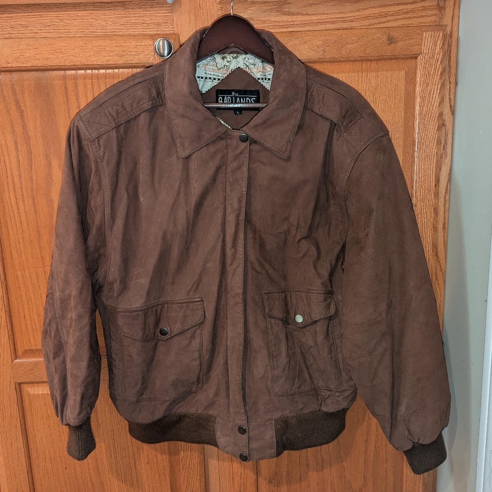 Vintage The Bad Lands Brown Genuine Leather Bomber Jacket Men size L map lined L